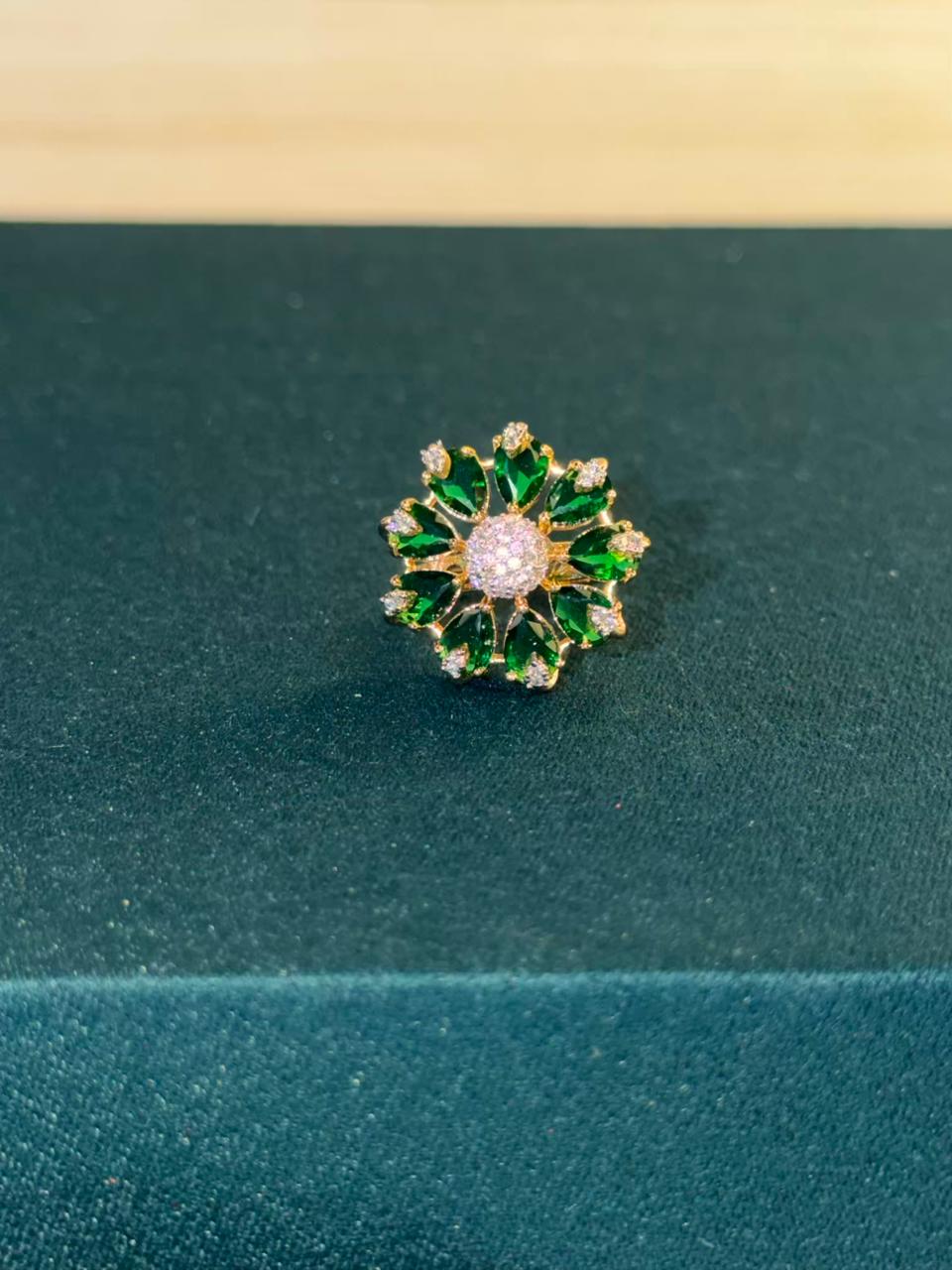 Green Stone Round Cluster Design Gold Plated Ring Size Adjustable