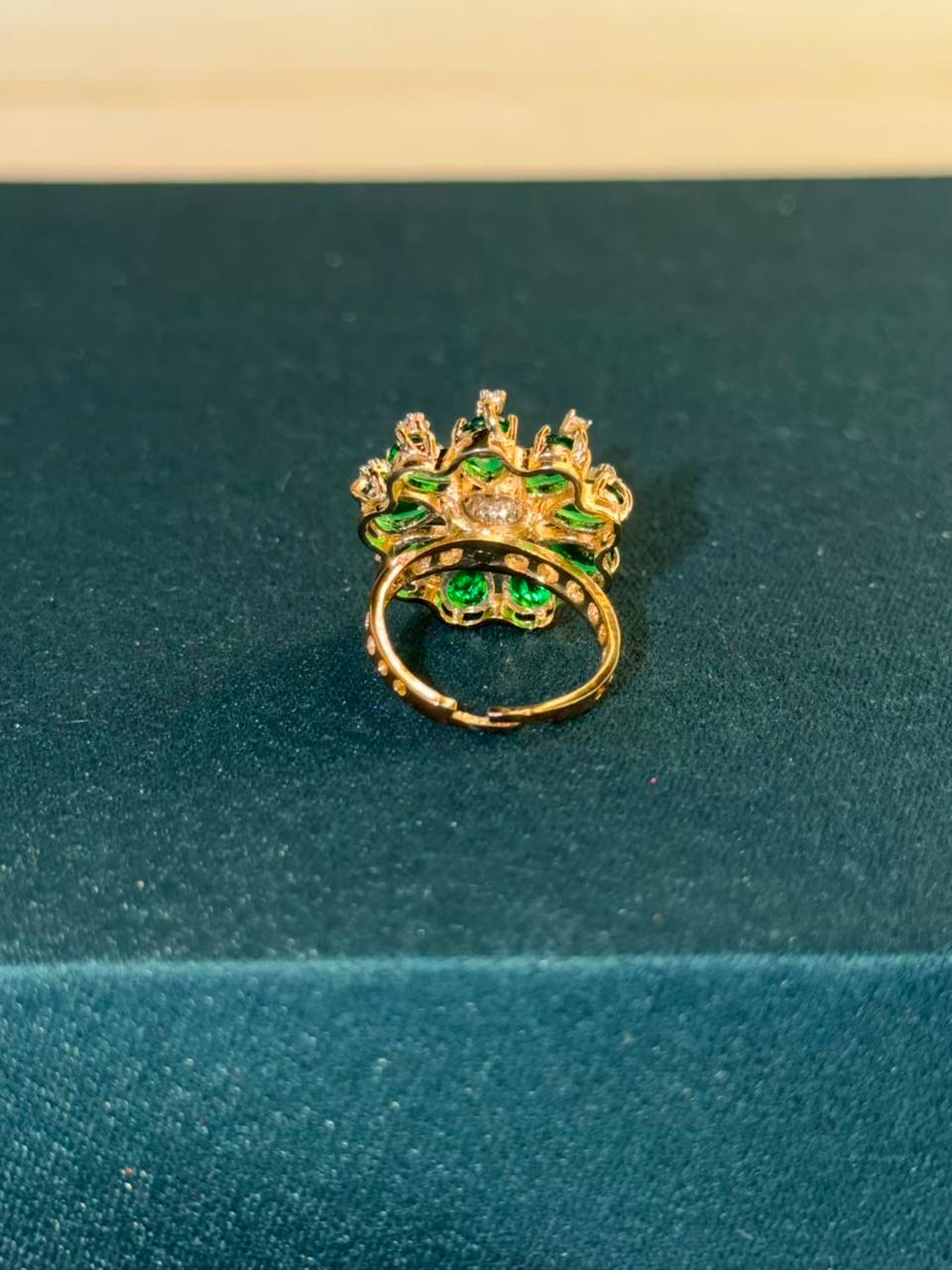 Green Stone Round Cluster Design Gold Plated Ring Size Adjustable