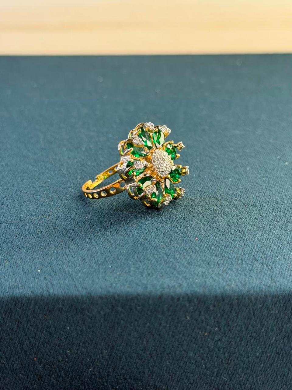 Green Stone Round Cluster Design Gold Plated Ring Size Adjustable
