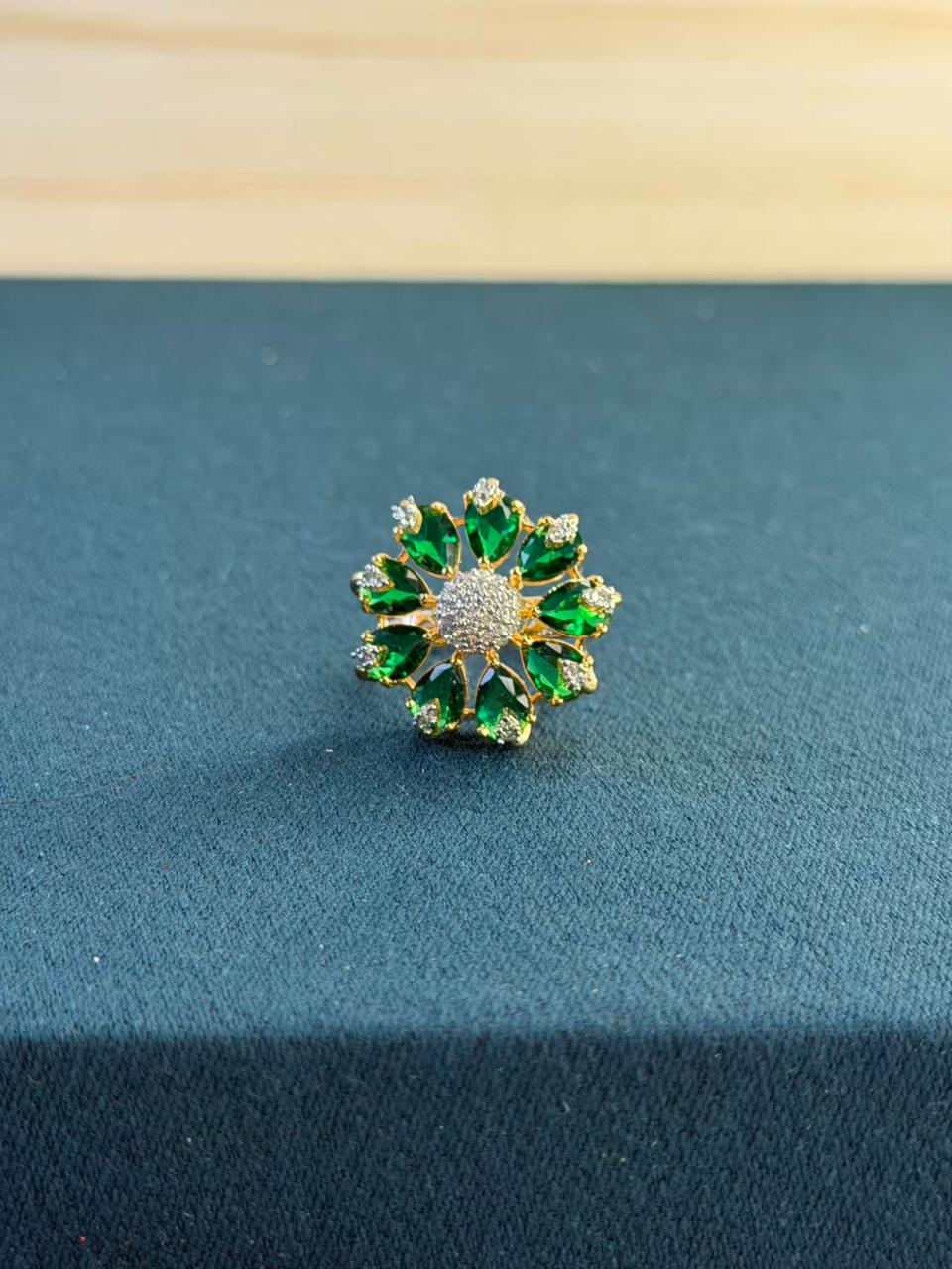 Green Stone Round Cluster Design Gold Plated Ring Size Adjustable