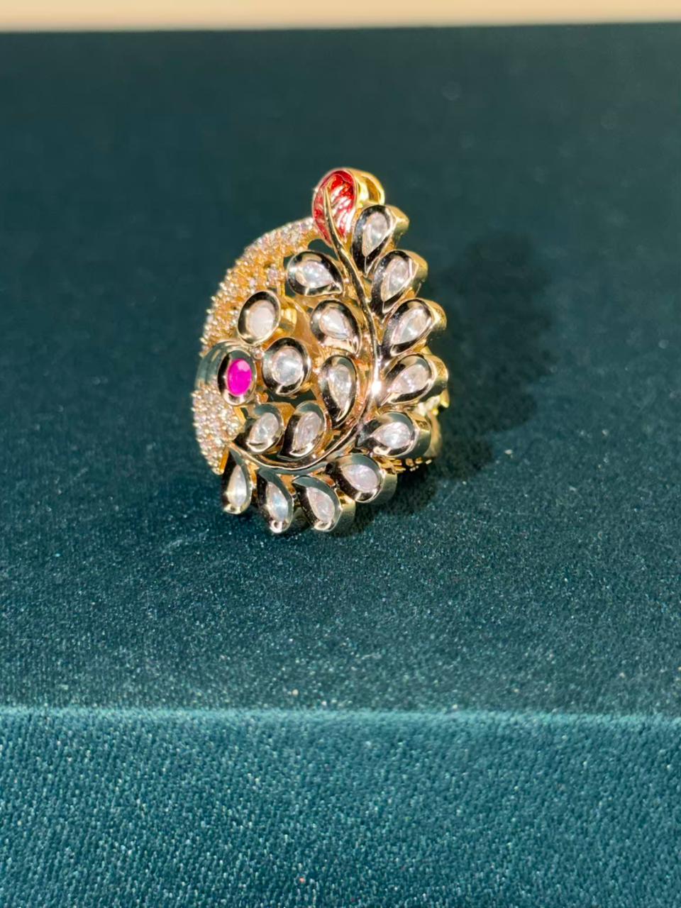 White Stone Statement Peacock Gold Plated Ring Size Adjustable