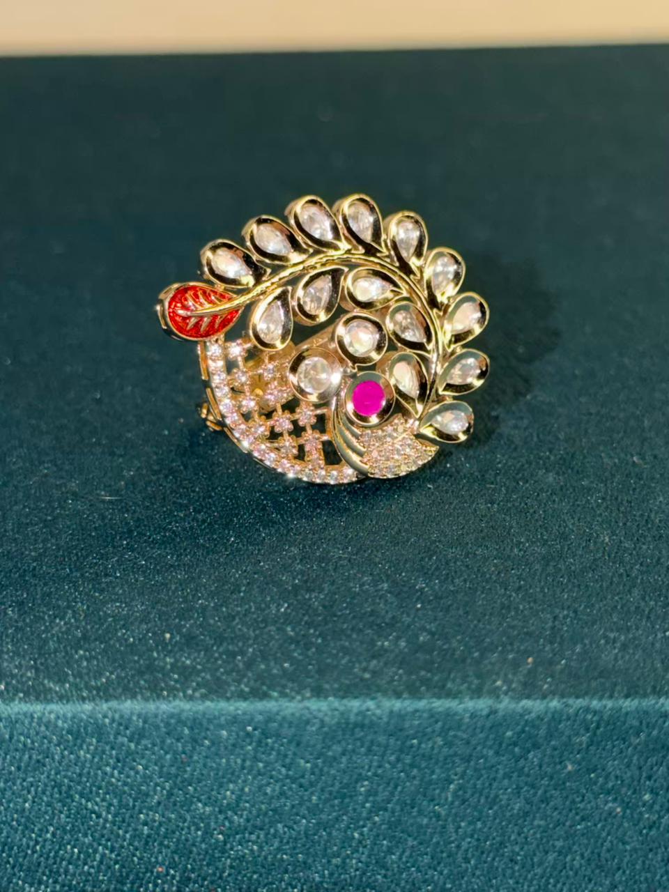 White Stone Statement Peacock Gold Plated Ring Size Adjustable