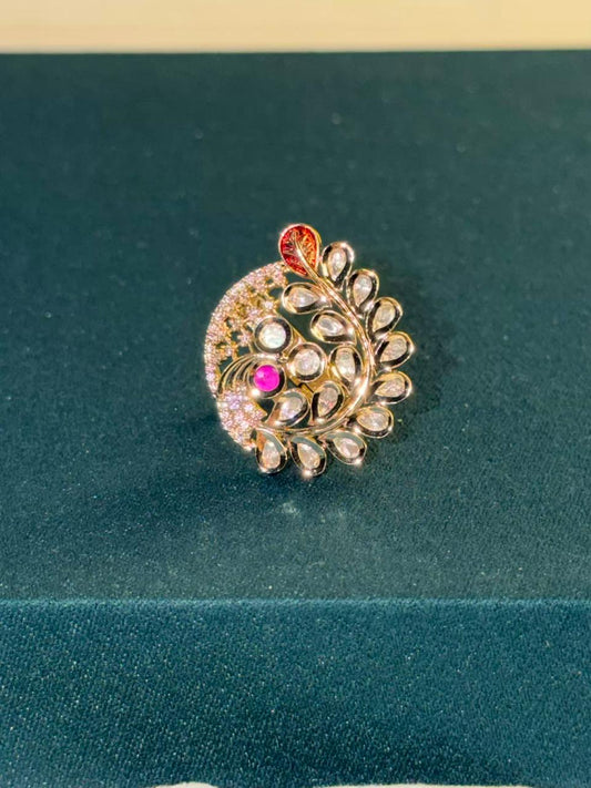 White Stone Statement Peacock Gold Plated Ring Size Adjustable