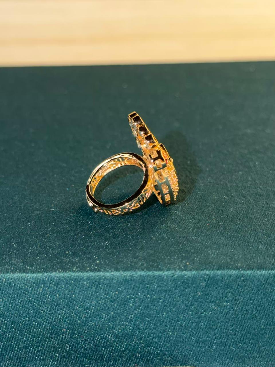 White Stone Statement Peacock Gold Plated Ring Size Adjustable