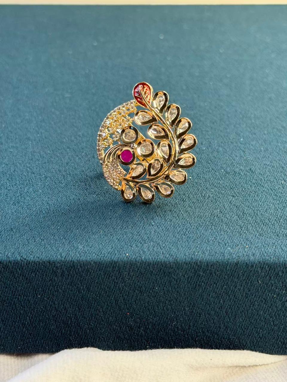 White Stone Statement Peacock Gold Plated Ring Size Adjustable