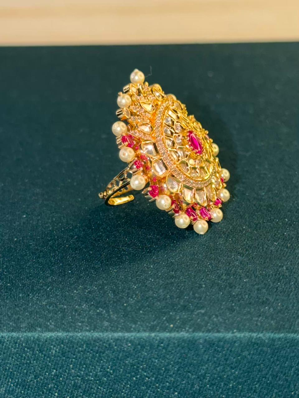 Pearl Border Kundan Style Gold Plated Ring Size Adjustable