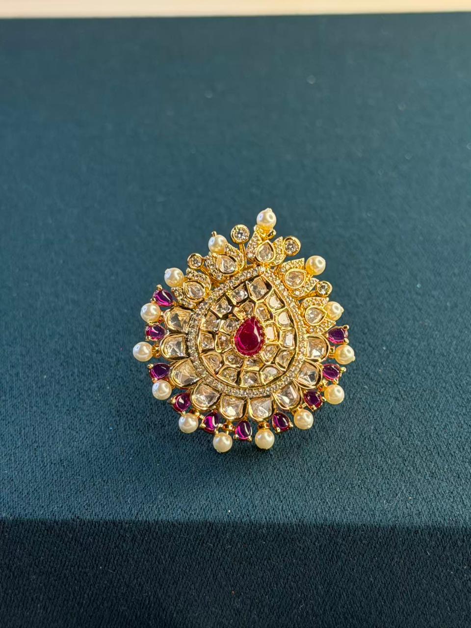 Pearl Border Kundan Style Gold Plated Ring Size Adjustable