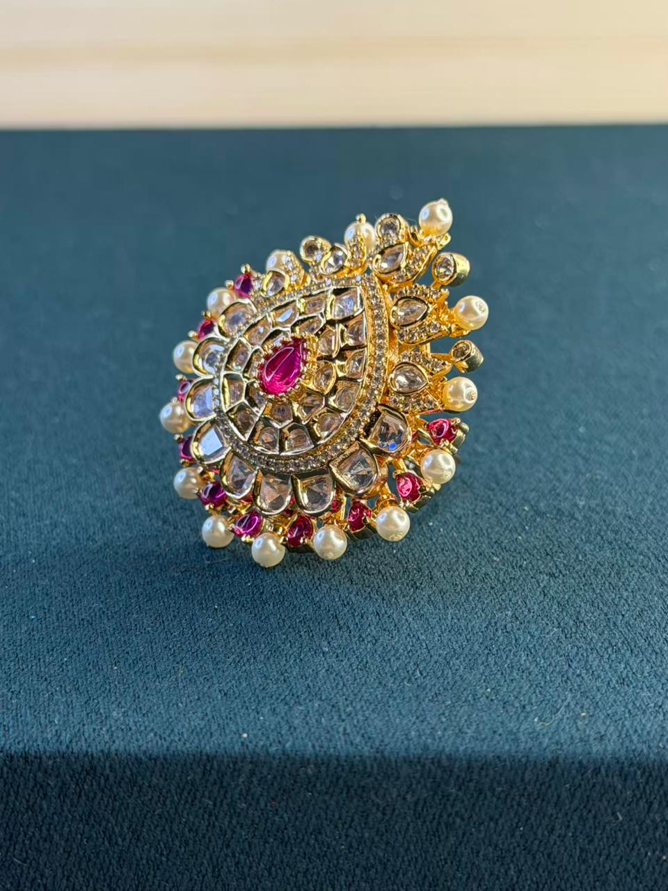 Pearl Border Kundan Style Gold Plated Ring Size Adjustable