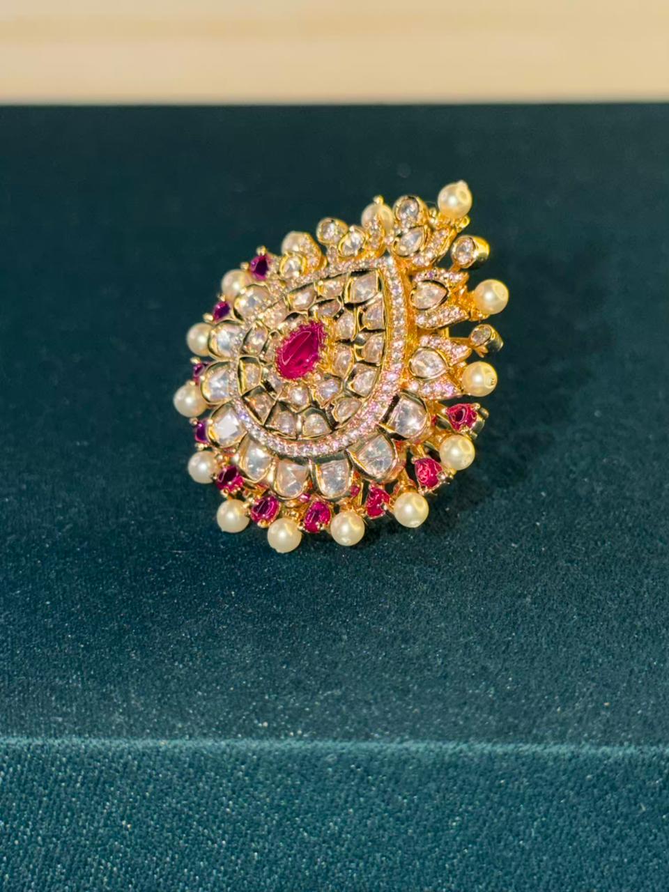 Pearl Border Kundan Style Gold Plated Ring Size Adjustable