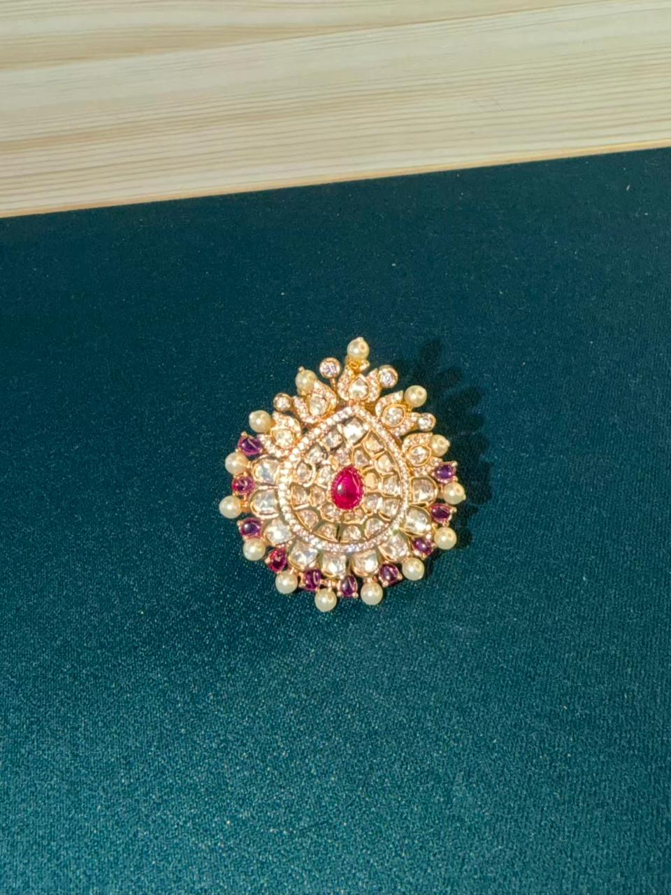 Pearl Border Kundan Style Gold Plated Ring Size Adjustable