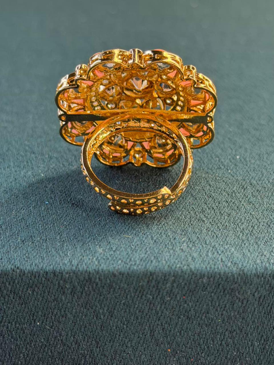 Peach and White Stone Flower Design Gold Plated Ring Size Adjustable