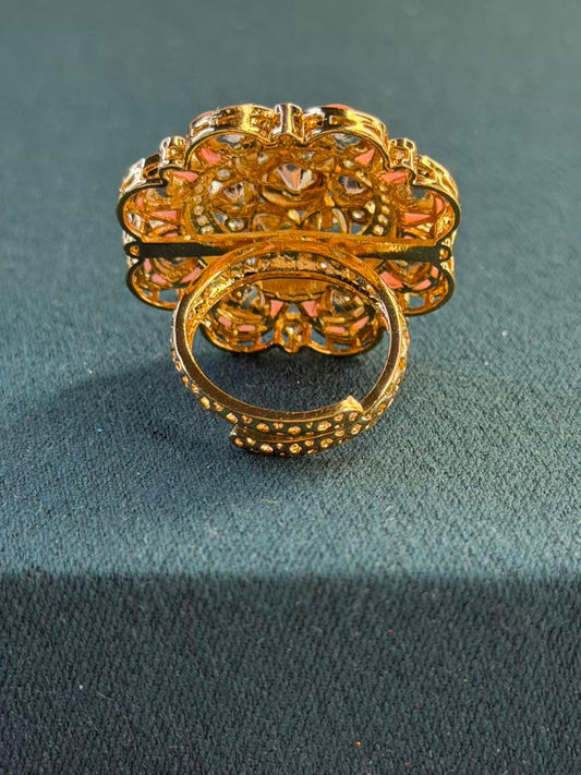 Peach and White Stone Flower Design Gold Plated Ring Size Adjustable