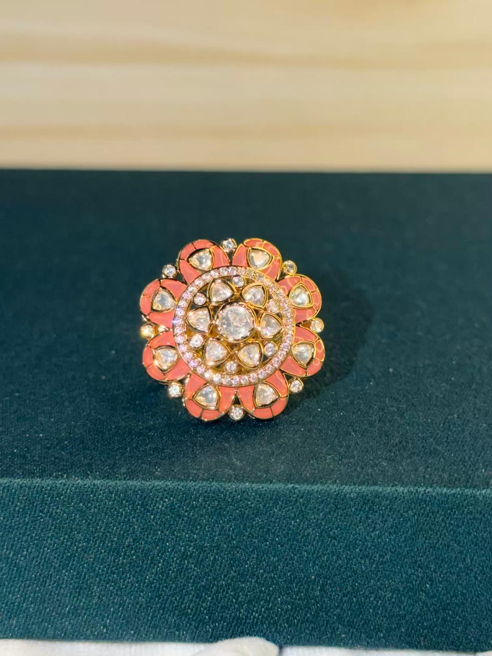 Peach and White Stone Flower Design Gold Plated Ring Size Adjustable