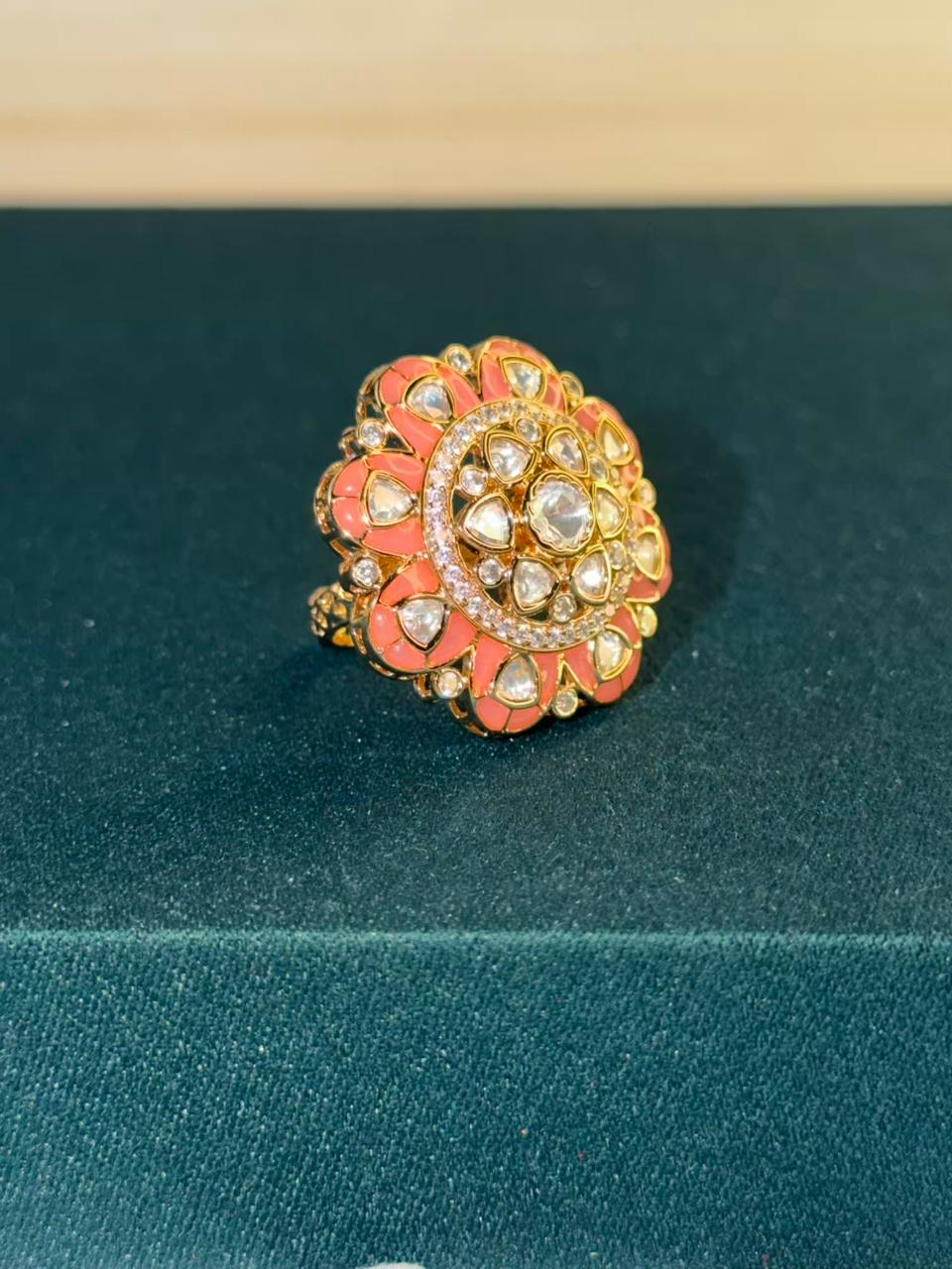Peach and White Stone Flower Design Gold Plated Ring Size Adjustable