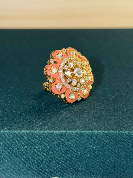 Peach and White Stone Flower Design Gold Plated Ring Size Adjustable