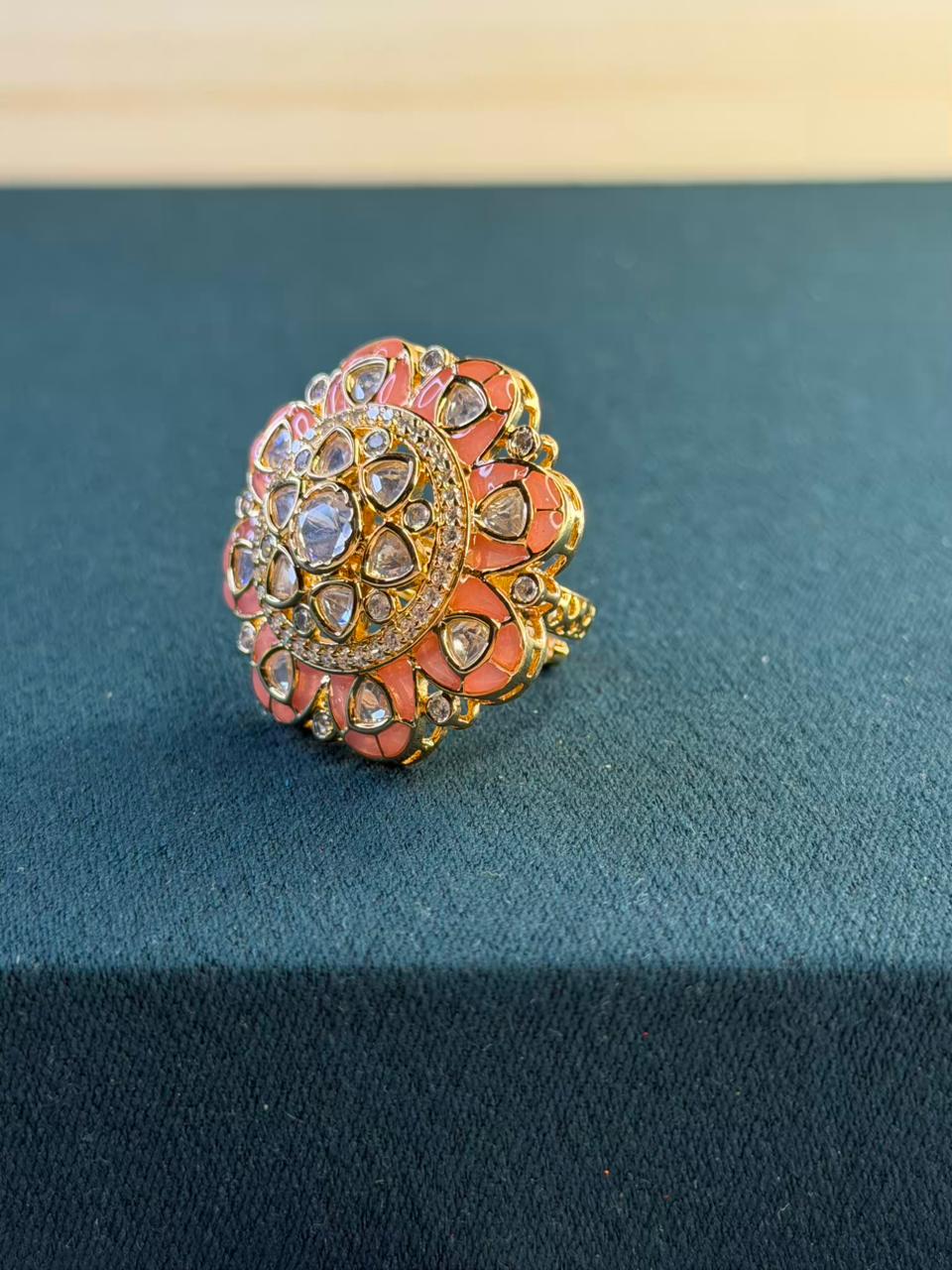 Peach and White Stone Flower Design Gold Plated Ring Size Adjustable