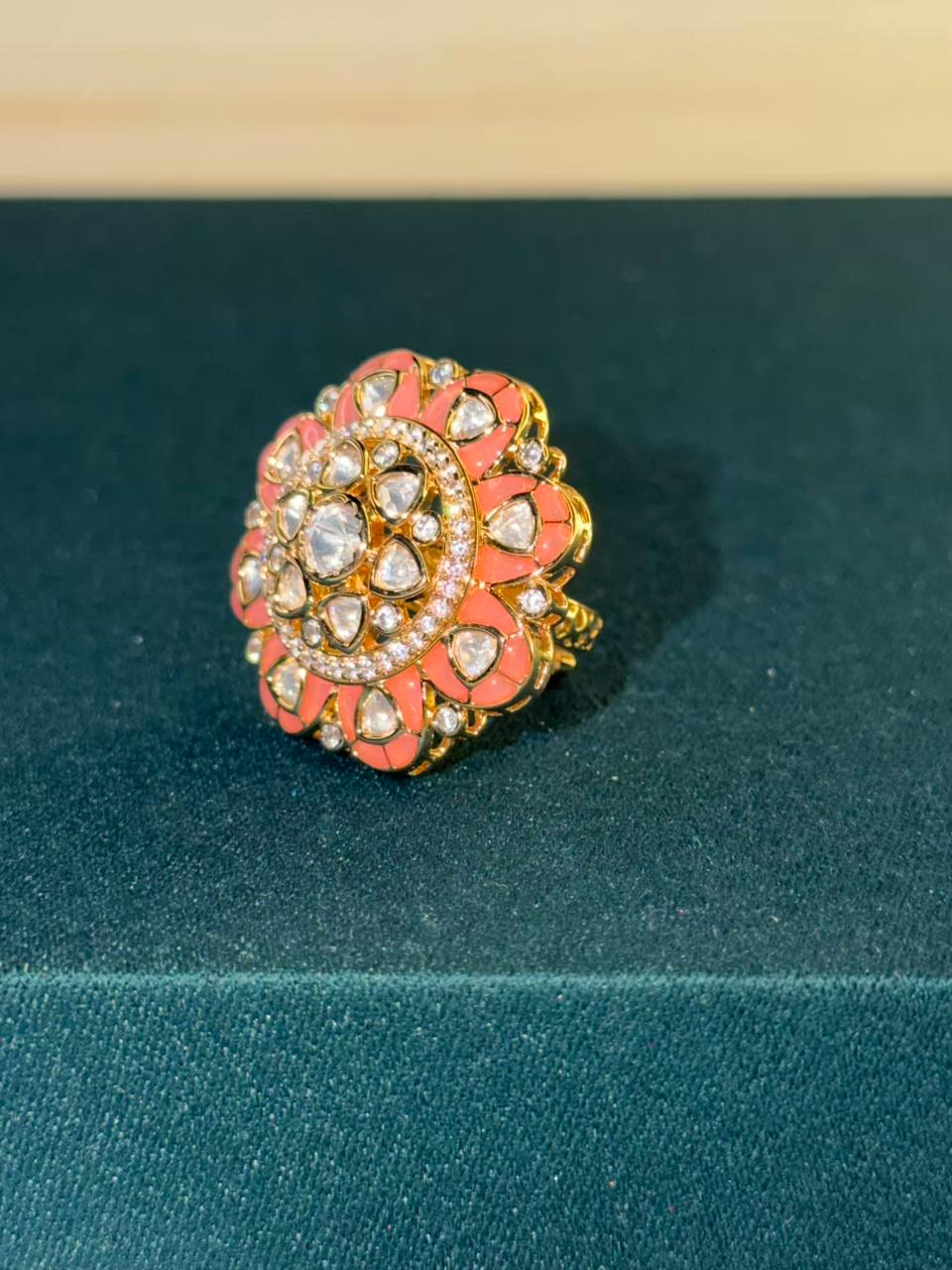 Peach and White Stone Flower Design Gold Plated Ring Size Adjustable