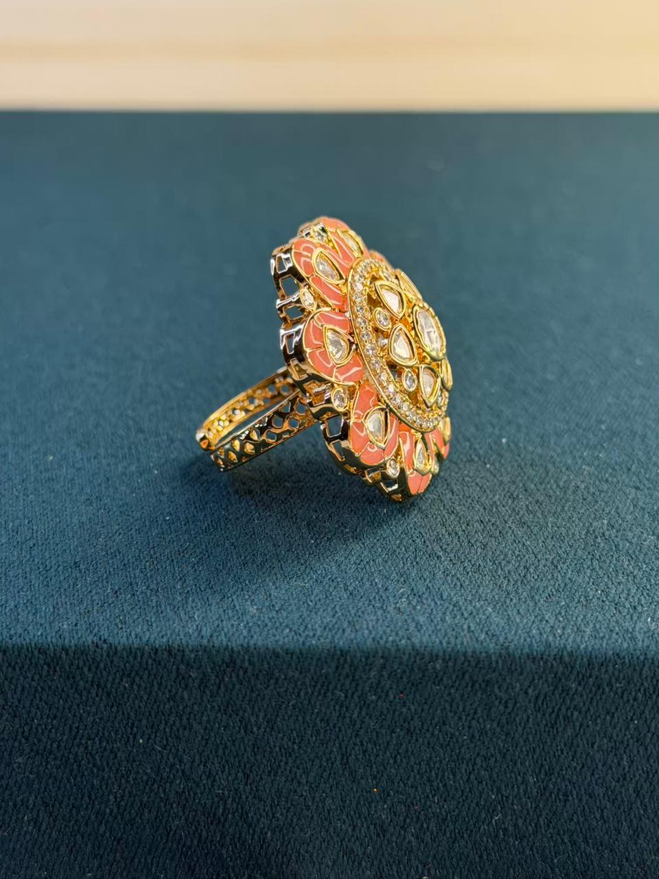 Peach and White Stone Flower Design Gold Plated Ring Size Adjustable