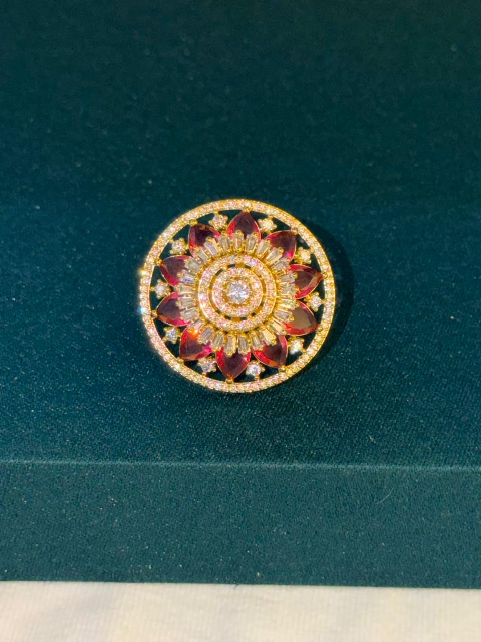 Red and White Stone Round Design Gold Plated Ring Size Adjustable