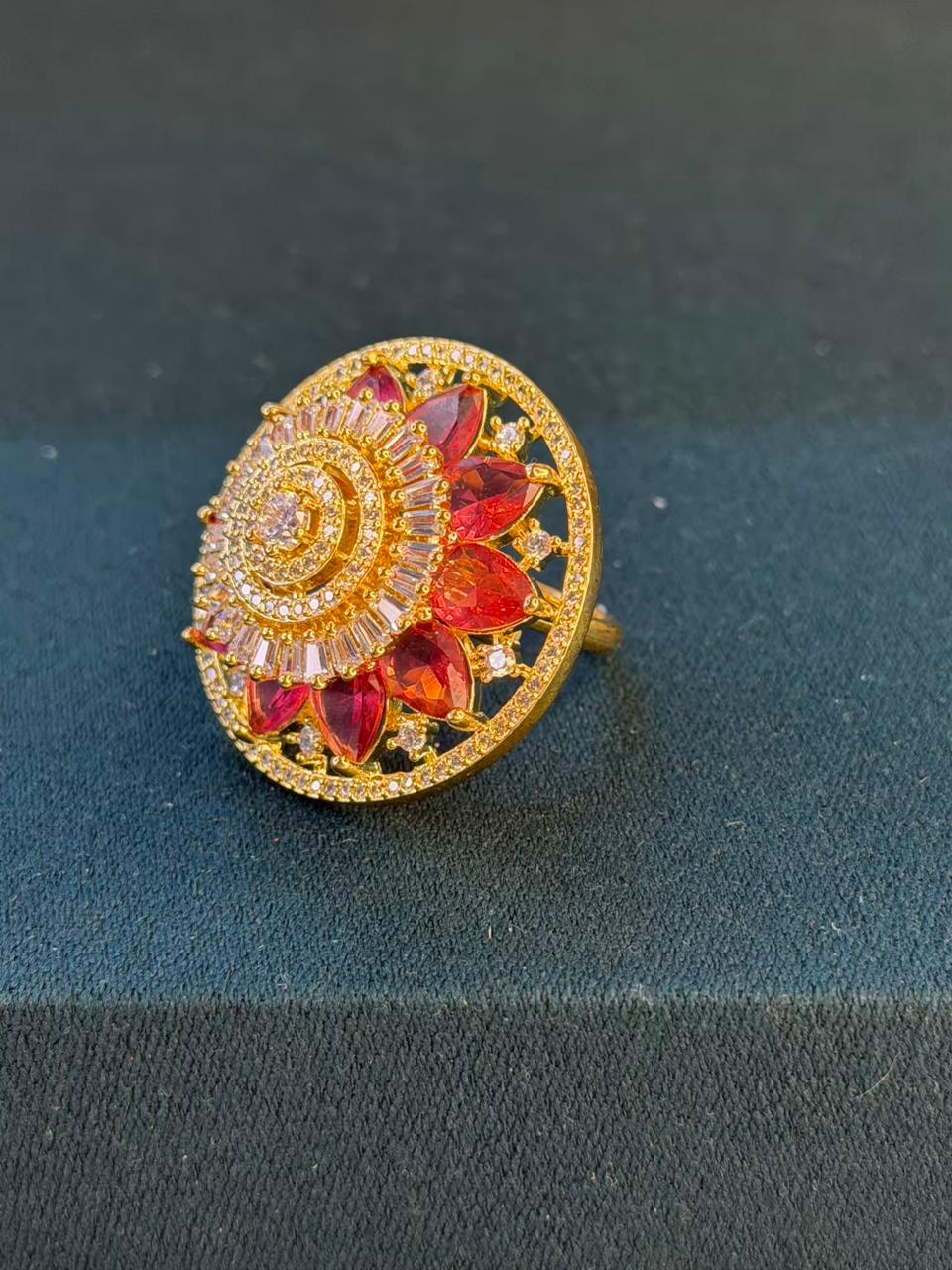 Red and White Stone Round Design Gold Plated Ring Size Adjustable
