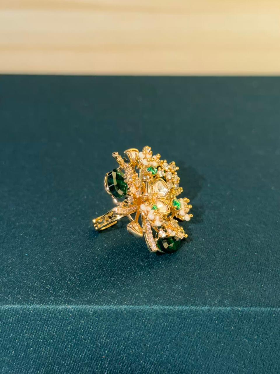 Green Stone Abstract Floral Ring Gold Plated Ring Size Adjustable