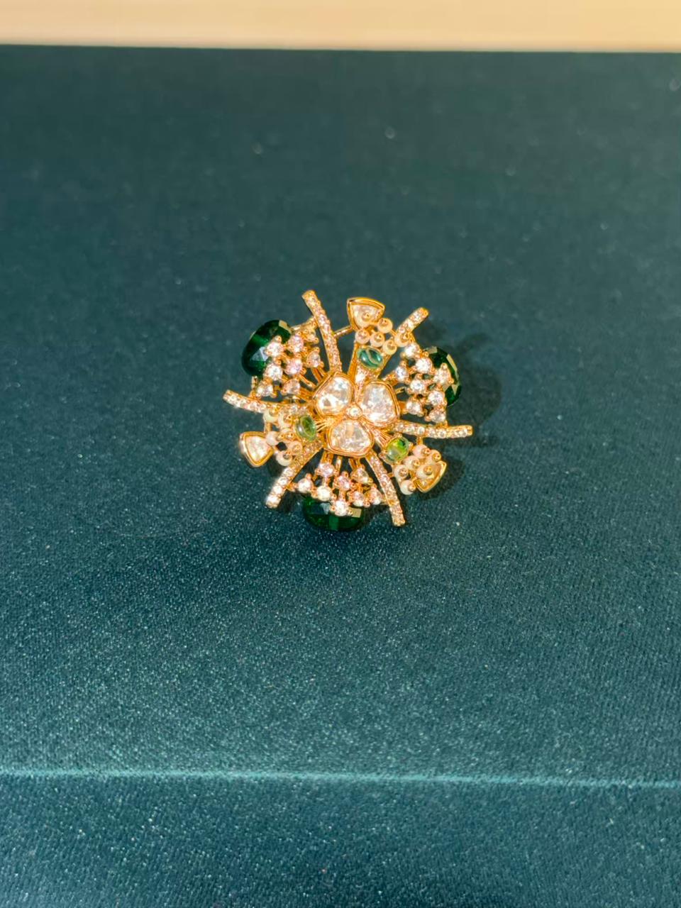 Green Stone Abstract Floral Ring Gold Plated Ring Size Adjustable