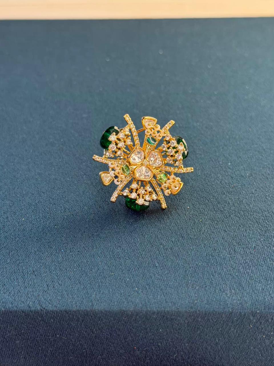 Green Stone Abstract Floral Ring Gold Plated Ring Size Adjustable