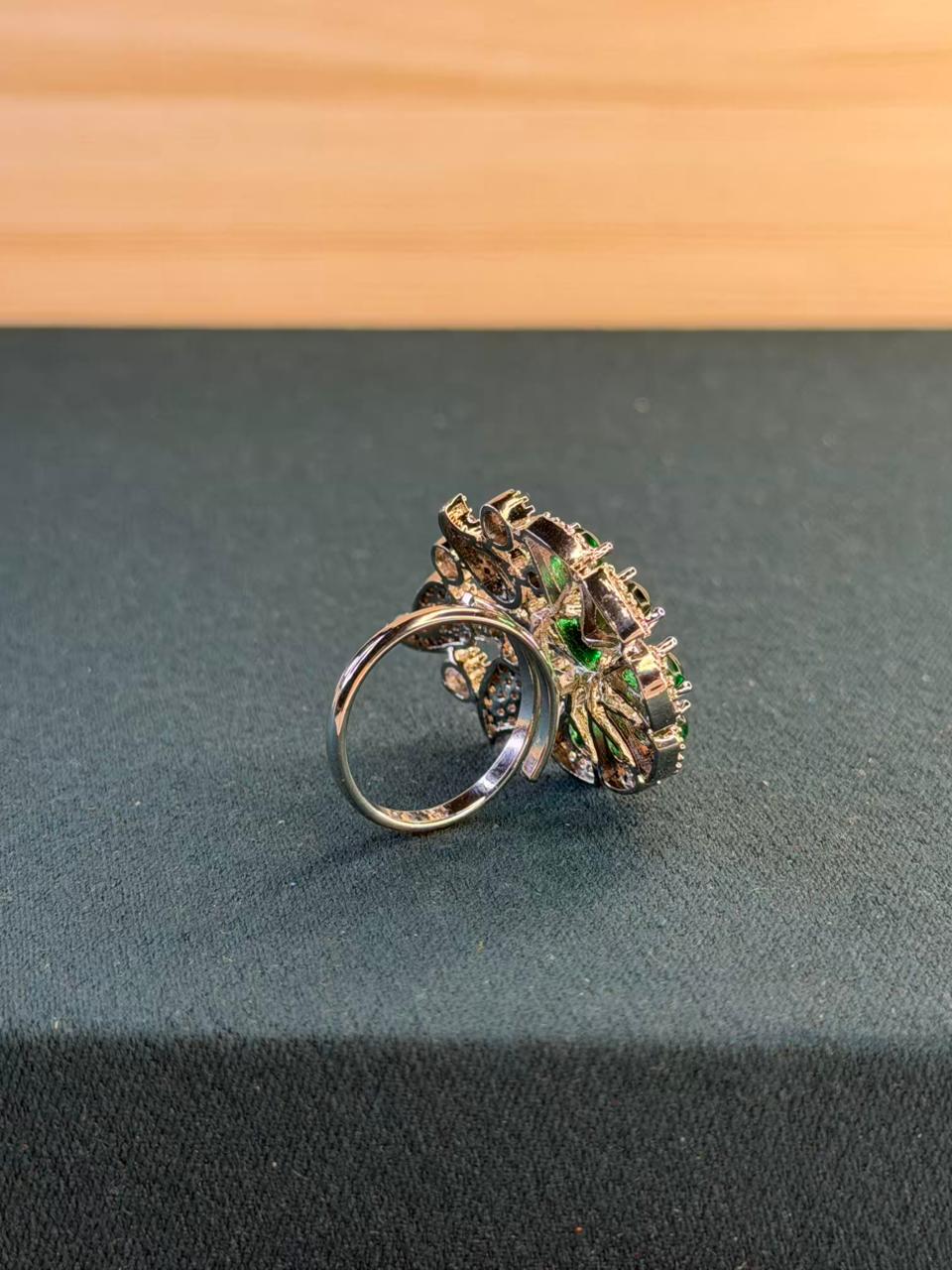 Green Stone Floral Leaf Design Ring Silver Plated Ring Size Adjustable