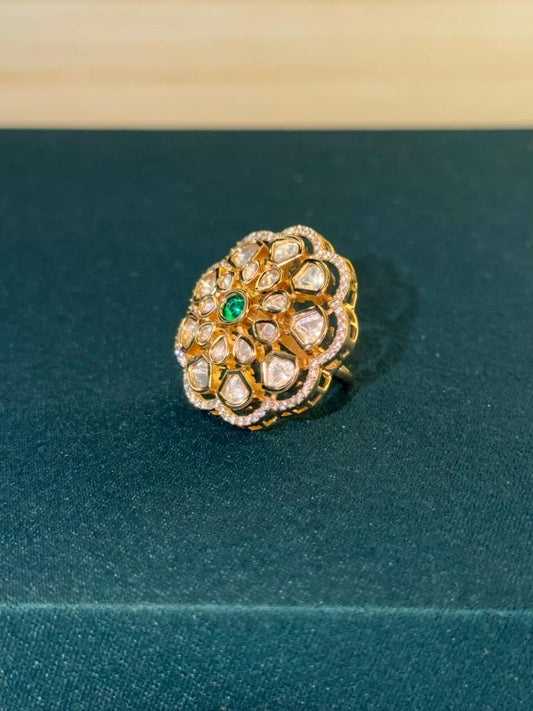 Green Center Stone Kundan Design Ring Gold Plated Ring Size Adjustable