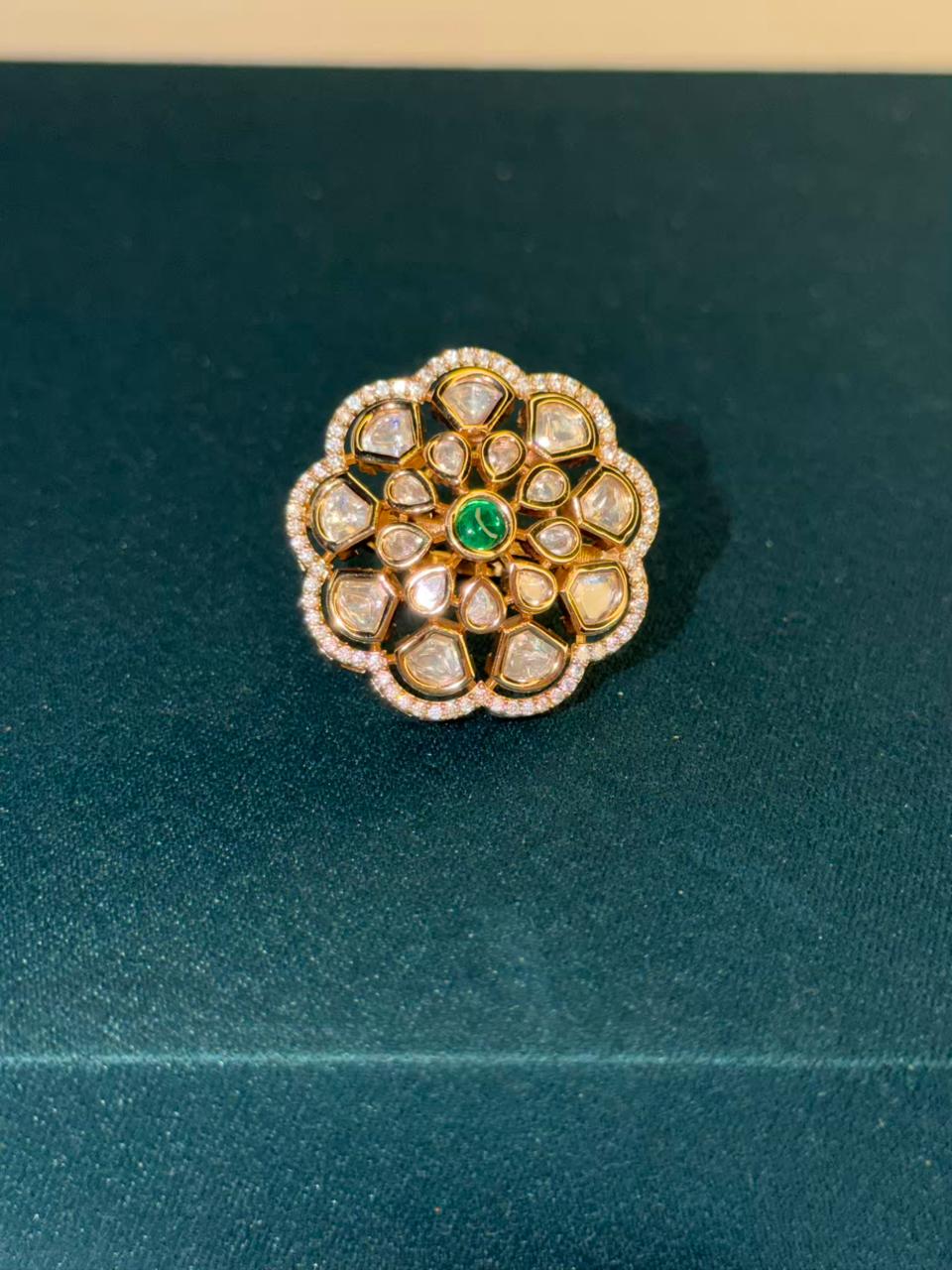 Green Center Stone Kundan Design Ring Gold Plated Ring Size Adjustable