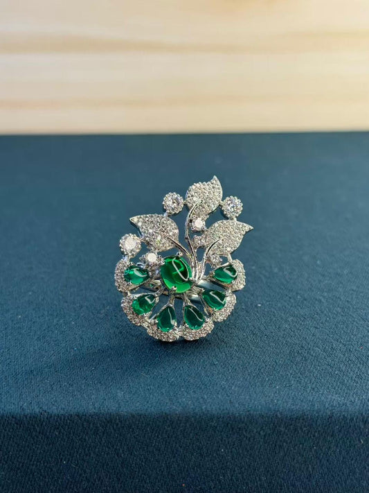 Green Stone Floral Leaf Design Ring Silver Plated Ring Size Adjustable