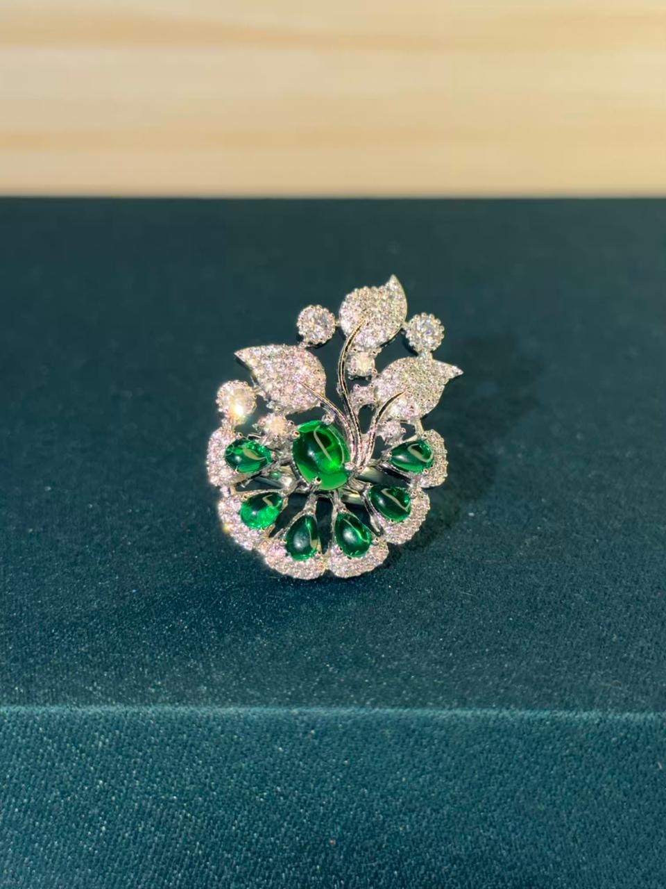 Green Stone Floral Leaf Design Ring Silver Plated Ring Size Adjustable