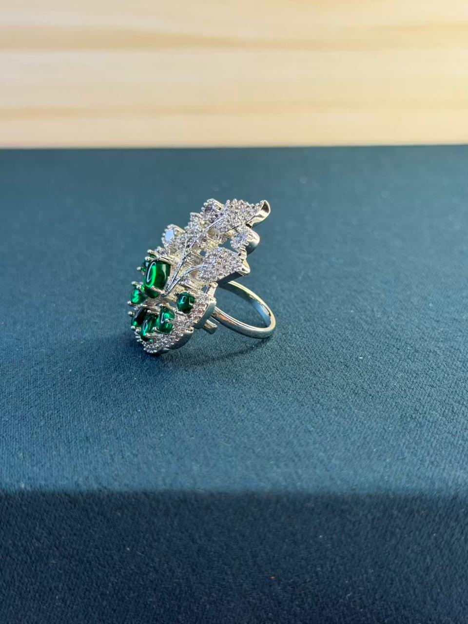 Green Stone Floral Leaf Design Ring Silver Plated Ring Size Adjustable