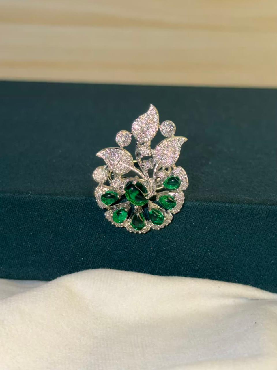 Green Stone Floral Leaf Design Ring Silver Plated Ring Size Adjustable