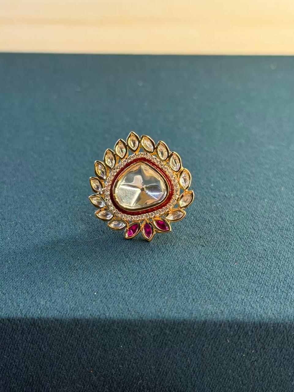 White and Pink Stone Traditional Ring Gold Plated Ring Size Adjustable