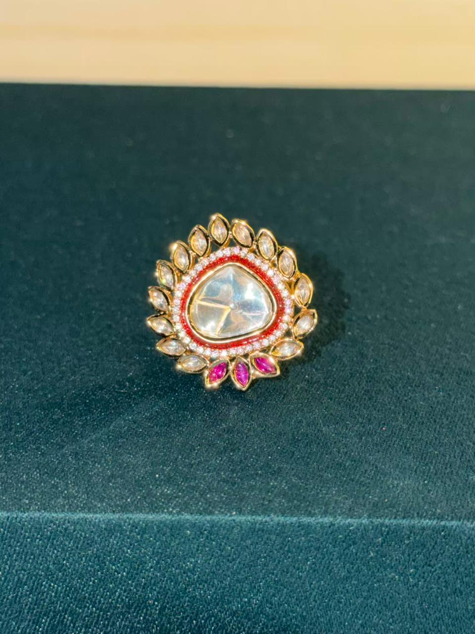 White and Pink Stone Traditional Ring Gold Plated Ring Size Adjustable