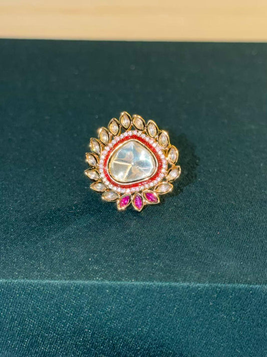 White and Pink Stone Traditional Ring Gold Plated Ring Size Adjustable