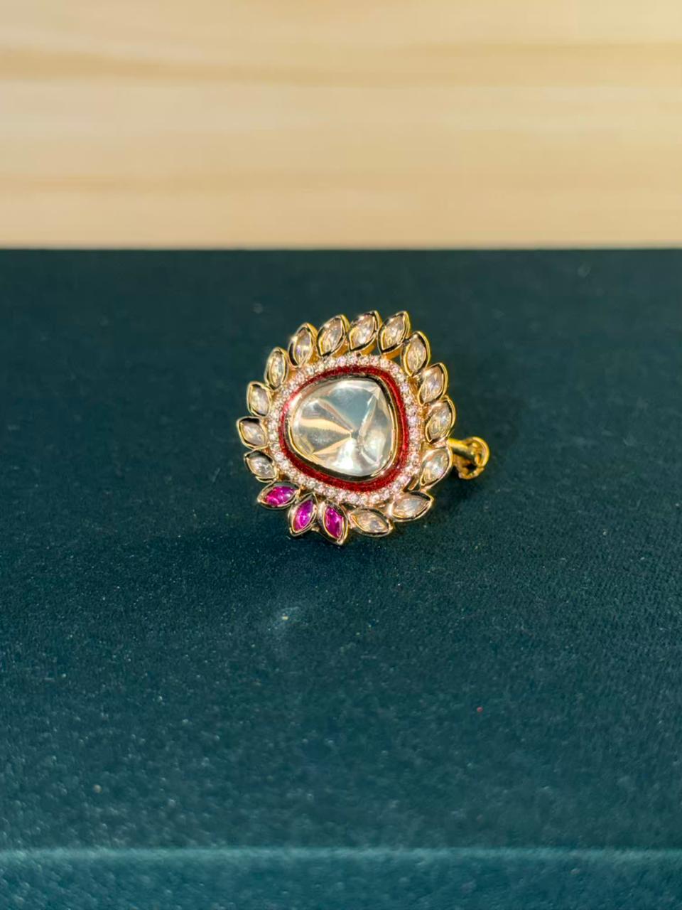 White and Pink Stone Traditional Ring Gold Plated Ring Size Adjustable