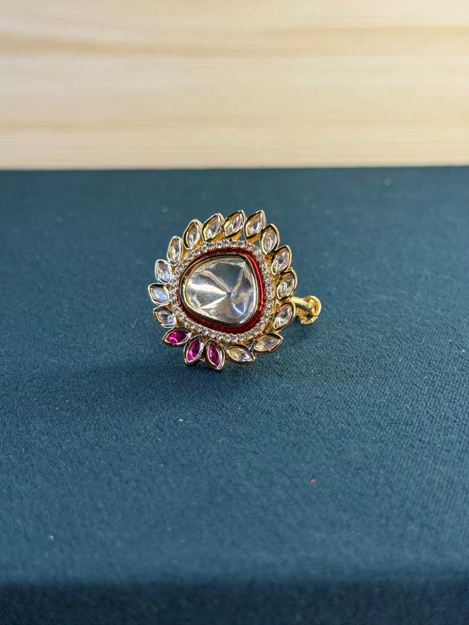 White and Pink Stone Traditional Ring Gold Plated Ring Size Adjustable