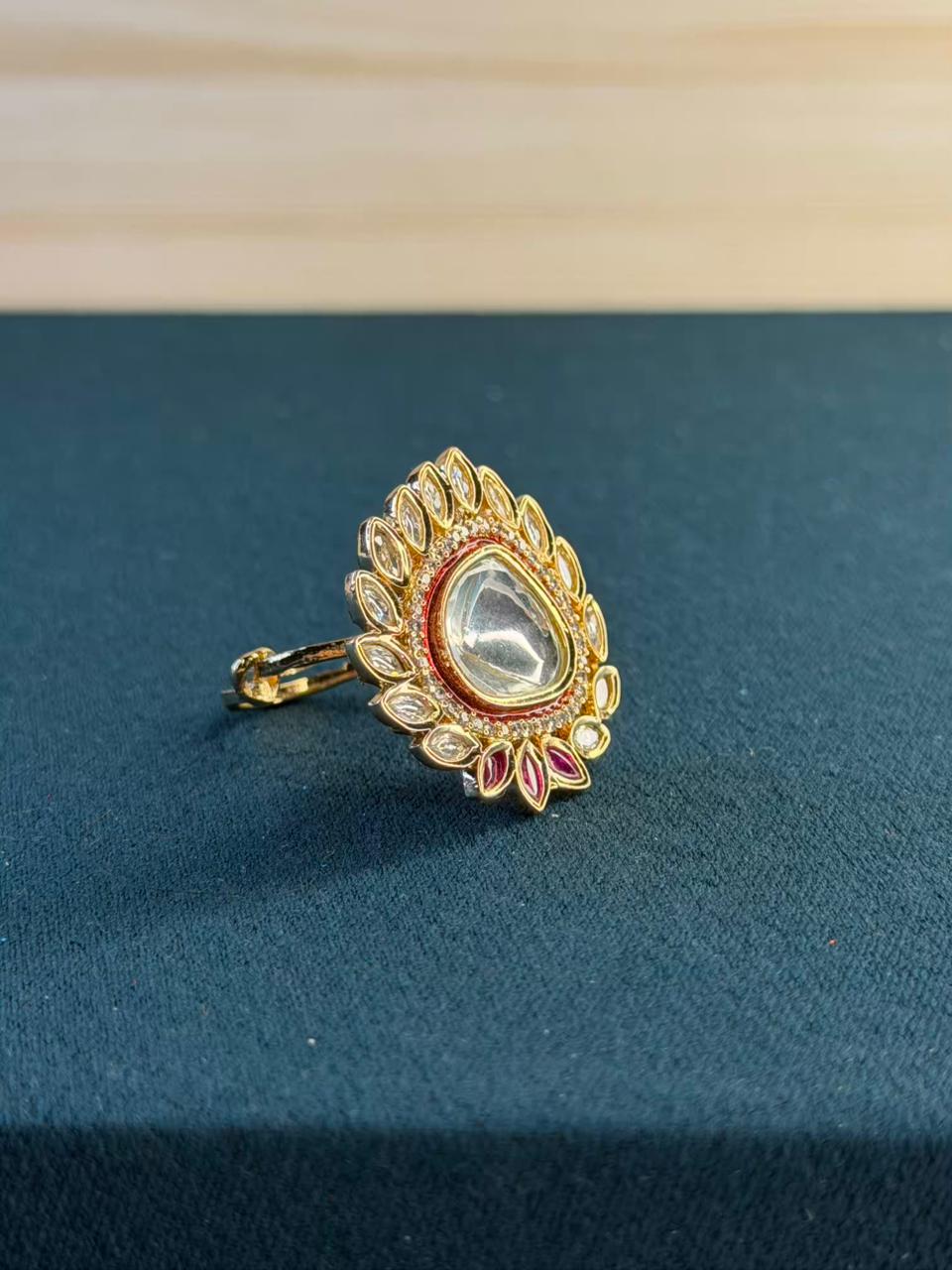 White and Pink Stone Traditional Ring Gold Plated Ring Size Adjustable