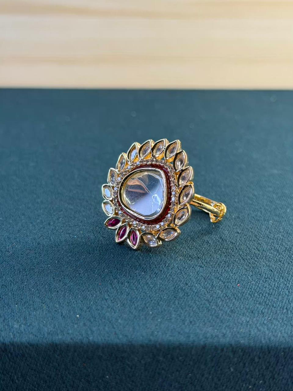 White and Pink Stone Traditional Ring Gold Plated Ring Size Adjustable