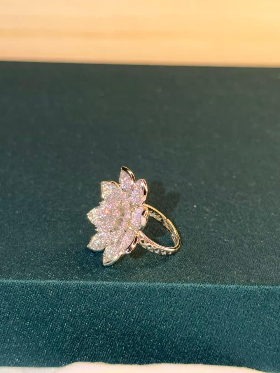 White Stone Flower Design Ring Silver Plated Ring Size Adjustable