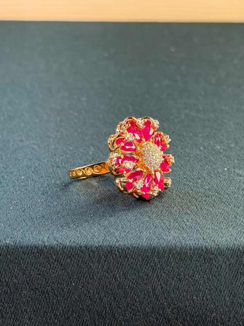 Pink Stone Round Cluster Design Gold Plated Ring Size Adjustable