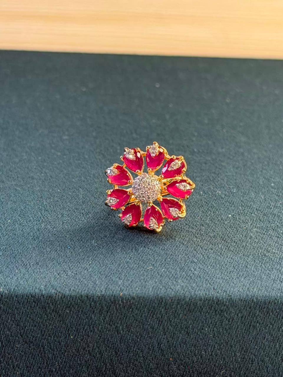 Pink Stone Round Cluster Design Gold Plated Ring Size Adjustable