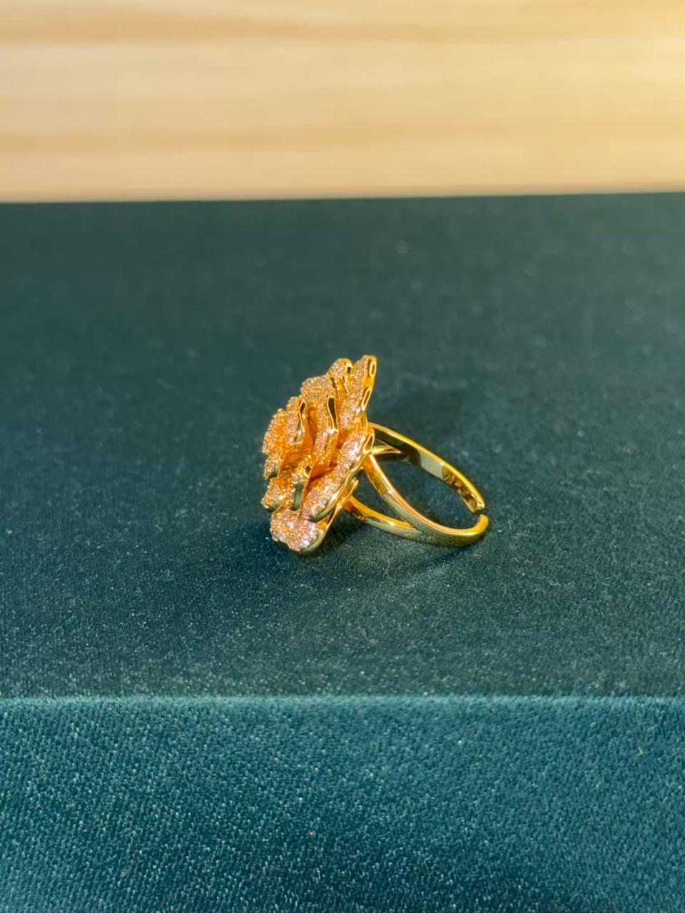 Rose Design White Stone Gold Plated Ring Size Adjustable