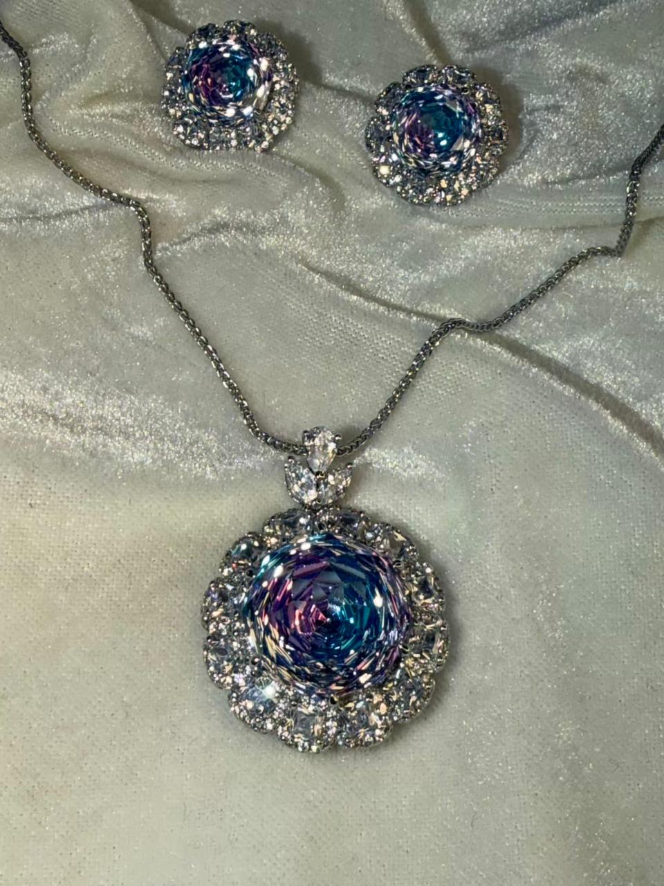 Round Floral Halo Rhodium-Plated Silver Necklace Set with Iridescent Blue Stones