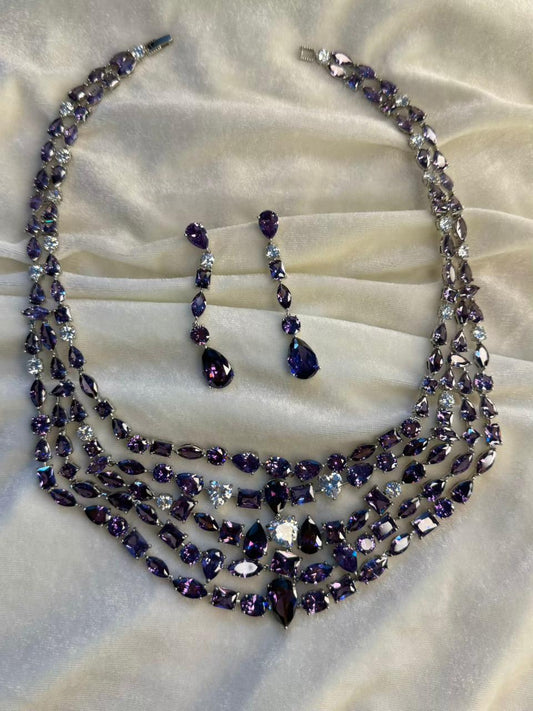 Deep Purple Stones Multi-Shape Layered Design Rhodium-Plated Necklace Set