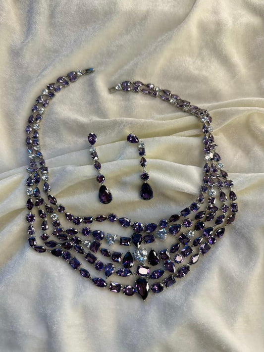 Deep Purple Stones Multi-Shape Layered Design Rhodium-Plated Necklace Set