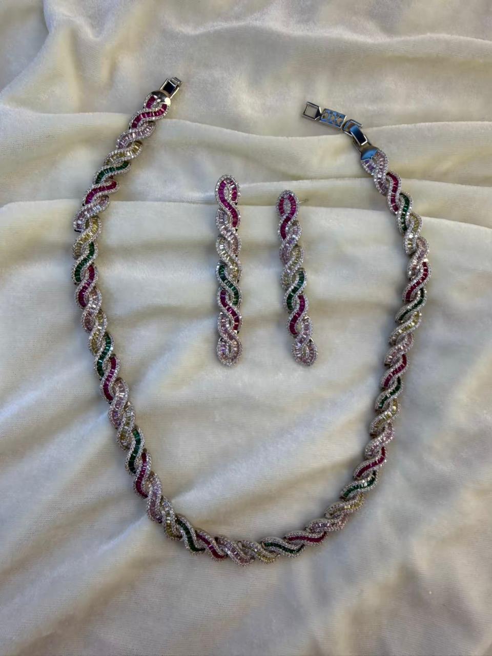 Twisted Link Design Rhodium-Plated Necklace Set with Multicolor Baguette Stones