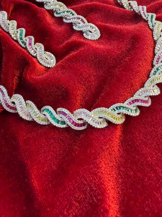 Twisted Link Design Rhodium-Plated Necklace Set with Multicolor Baguette Stones